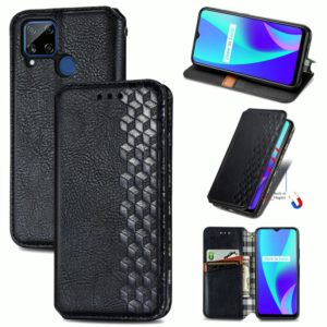 For OPPO Realme C15 Cubic Grid Pressed Horizontal Flip Magnetic PU Leather Case with Holder & Card Slots & Wallet(Black) (OEM)