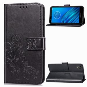 For Moto E6 Four-leaf Clasp Embossed Buckle Mobile Phone Protection Leather Case with Lanyard & Card Slot & Wallet & Bracket Function(Black) (OEM)