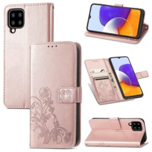For Samsung Galaxy A22 5G Four-leaf Clasp Embossed Buckle Mobile Phone Protection Leather Case with Lanyard & Card Slot & Wallet & Bracket Function(Rose Gold) (OEM)