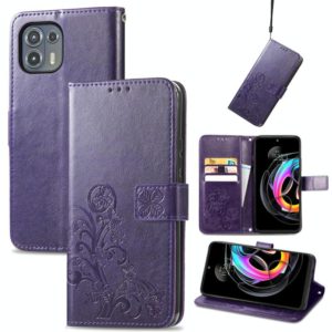 For Motorola Edge 20 Lite Four-leaf Clasp Embossed Buckle Mobile Phone Protection Leather Case with Lanyard & Card Slot & Wallet & Bracket Function(Purple) (OEM)