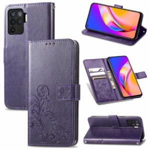 For OPPO A94 5G / F19 Pro+ / Reno5 Z Four-leaf Clasp Embossed Buckle Mobile Phone Protection Leather Case with Lanyard & Card Slot & Wallet & Bracket Function(Purple) (OEM)
