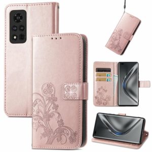 For Honor V40 5G Four-leaf Clasp Embossed Buckle Mobile Phone Protection Leather Case with Lanyard & Card Slot & Wallet & Bracket Function(Rose Gold) (OEM)