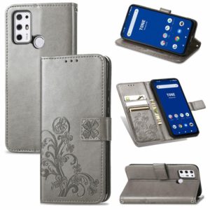 For Tone E21 Four-leaf Clasp Embossed Buckle Mobile Phone Protection Leather Case with Lanyard & Card Slot & Wallet & Bracket Function(Gray) (OEM)