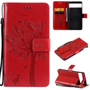 For Google Pixel 6 Tree & Cat Embossed Pattern Horizontal Flip Leather Case with Holder & Card Slots & Wallet & Lanyard(Red) (OEM)