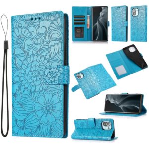 For Xiaomi Mi 11 Skin Feel Embossed Sunflower Horizontal Flip Leather Case with Holder & Card Slots & Wallet & Lanyard(Blue) (OEM)