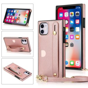 For iPhone 11 Wrist Strap PU+TPU Shockproof Protective Case with Crossbody Lanyard & Holder & Card Slot(Rose Gold) (OEM)