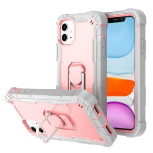 For iPhone 11 PC + Rubber 3-layers Shockproof Protective Case with Rotating Holder (Grey White + Rose Gold) (OEM)