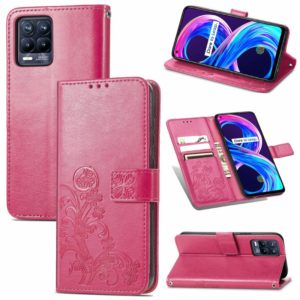 For OPPO Realme 8 5G / Realme V13 5G Four-leaf Clasp Embossed Buckle Mobile Phone Protection Leather Case with Lanyard & Card Slot & Wallet & Bracket Function(Rose Red) (OEM)