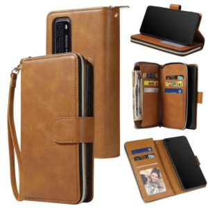 For Huawei P40 Zipper Wallet Bag Horizontal Flip PU Leather Case with Holder & 9 Card Slots & Wallet & Lanyard & Photo Frame(Brown) (OEM)