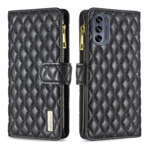 For Motorola Moto G62 Diamond Lattice Zipper Wallet Leather Flip Phone Case(Black) (OEM)