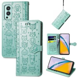 For OnePlus Nord 2 5G Lovely Cat and Dog Embossing Pattern Horizontal Flip Leather Case , with Holder & Card Slots & Wallet & Cartoon Clasp & Lanyard(Green) (OEM)