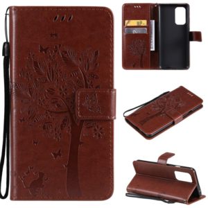 For OnePlus 9 Tree & Cat Pattern Pressed Printing Horizontal Flip PU Leather Case with Holder & Card Slots & Wallet & Lanyard(Coffee) (OEM)