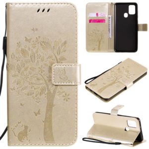 For Samsung Galaxy A21s Tree & Cat Embossed Pattern Horizontal Flip Leather Case with Holder & Card Slots & Wallet & Lanyard(Gold) (OEM)