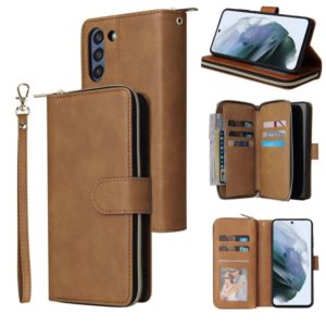 For Samsung Galaxy S21 FE Zipper Wallet Bag Horizontal Flip PU Leather Case with Holder & 9 Card Slots & Wallet & Lanyard & Photo Frame(Brown) (OEM)