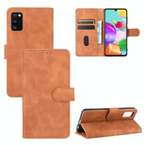 For Samsung Galaxy A41 (Eurasian Version) Solid Color Skin Feel Magnetic Buckle Horizontal Flip Calf Texture PU Leather Case with Holder & Card Slots & Wallet(Brown) (OEM)