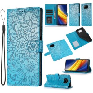 For Xiaomi POCO X3 NFC / X3 Pro / X3 Skin Feel Embossed Sunflower Horizontal Flip Leather Case with Holder & Card Slots & Wallet & Lanyard(Blue) (OEM)