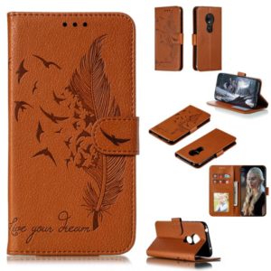 Feather Pattern Litchi Texture Horizontal Flip Leather Case with Wallet & Holder & Card Slots For Motorola Moto G7 Play(Brown) (OEM)