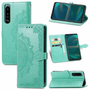 For Sony Xperia 5 III Mandala Flower Embossed Horizontal Flip Leather Case with Bracket / Card Slot / Wallet / Lanyard(Green) (OEM)