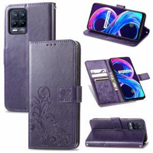 For OPPO Realme 8 / 8 Pro Four-leaf Clasp Embossed Buckle Mobile Phone Protection Leather Case with Lanyard & Card Slot & Wallet & Bracket Function(Purple) (OEM)