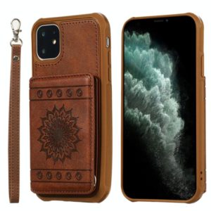 For iPhone 11 Sunflower Embossing Pattern PU + TPU Case with Holder & Card Slots & Photo Frame & Lanyard(Coffee) (OEM)