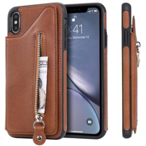For iPhone XS Max Solid Color Double Buckle Zipper Shockproof Protective Case(Brown) (OEM)