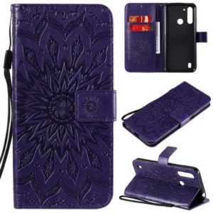 For Motorola Moto G8 Power Lite Embossed Sunflower Pattern Horizontal Flip PU Leather Case with Holder & Card Slots & Wallet & Lanyard(Purple) (OEM)