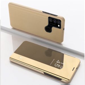 For Samsung Galaxy A21S Plated Mirror Horizontal Flip Leather Case with Holder(Gold) (OEM)