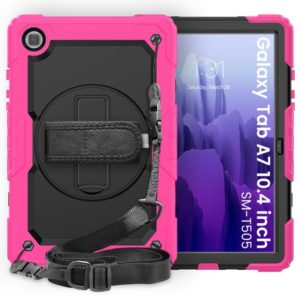 For Samsung Galaxy Tab A7 (2020) T500/T505 Shockproof Colorful Silicone + PC Protective Case with Holder & Shoulder Strap & Hand Strap & Pen Slot(Rose Red) (OEM)