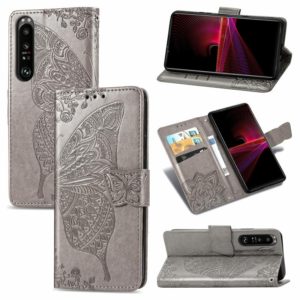 For Sony Xperia 1 III Butterfly Love Flower Embossed Horizontal Flip Leather Case with Bracket / Card Slot / Wallet / Lanyard(Grey) (OEM)