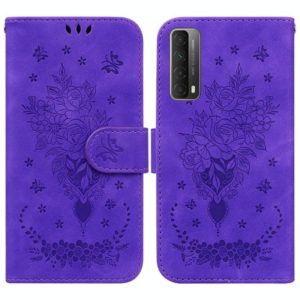For Huawei P Smart 2021 / Y7a Butterfly Rose Embossed Leather Phone Case(Purple) (OEM)