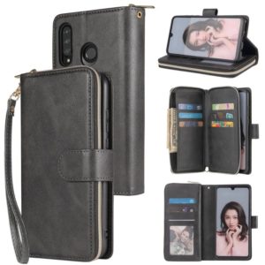 For Huawei P30 Lite Zipper Wallet Bag Horizontal Flip PU Leather Case with Holder & 9 Card Slots & Wallet & Lanyard & Photo Frame(Black) (OEM)