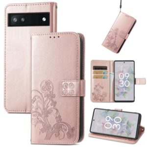 For Google Pixel 6a Four-leaf Clasp Embossed Buckle Leather Phone Case(Rose Gold) (OEM)