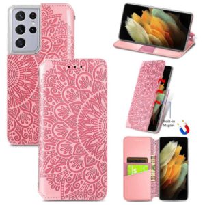 For Samsung Galaxy S21 Ultra 5G Blooming Mandala Embossed Pattern Magnetic Horizontal Flip Leather Case with Holder & Card Slots & Wallet(Pink) (OEM)