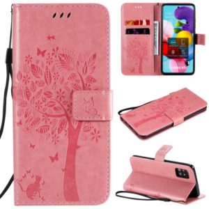 For Samsung Galaxy A51 5G Tree & Cat Embossed Pattern Horizontal Flip Leather Case with Holder & Card Slots & Wallet & Lanyard(Pink) (OEM)