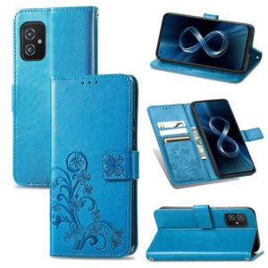 For Asus Zenfone 8 ZS590KS Four-leaf Clasp Embossed Buckle Mobile Phone Protection Leather Case with Lanyard & Card Slot & Wallet & Bracket Function(Blue) (OEM)