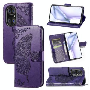 For Huawei P50 Pro Butterfly Love Flowers Embossed Horizontal Flip Leather Case with Holder & Card Slots & Wallet & Lanyard(Dark Purple) (OEM)