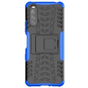 For Sony Xperia 10 III Tire Texture Shockproof TPU+PC Protective Case with Holder(Blue) (OEM)