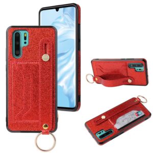 For Huawei P30 Glitter Powder PU+TPU Shockproof Protective Case with Holder & Card Slots & Wrist Strap(Red) (OEM)