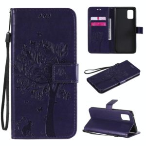For Samsung Galaxy A71 5G Tree & Cat Embossed Pattern Horizontal Flip Leather Case with Holder & Card Slots & Wallet & Lanyard(Purple) (OEM)