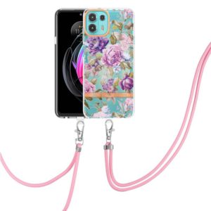 For Motorola Edge 20 Lite Flowers Series TPU Phone Case with Lanyard(Purple Peony) (OEM)