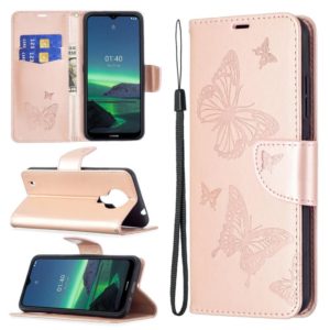 For Nokia 1.4 Embossing Two Butterflies Pattern Horizontal Flip PU Leather Case with Holder & Card Slot & Wallet & Lanyard(Rose Gold) (OEM)
