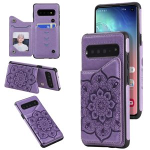 For Samsung Galaxy S10 Flower Embossing Pattern Shockproof Protective Case with Holder & Card Slots & Photo Frame(Purple) (OEM)
