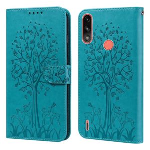 For Motorola Moto E7i Power / E7 Power Tree & Deer Pattern Pressed Printing Horizontal Flip Leather Phone Case(Blue) (OEM)