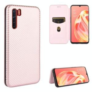 For OPPO A91 / F15 Reno3(Southeast Asia Version) Carbon Fiber Texture Horizontal Flip TPU + PC + PU Leather Case with Card Slot(Pink) (OEM)