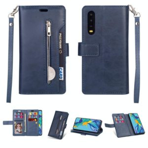 For Huawei P30 Multifunctional Zipper Horizontal Flip Leather Case with Holder & Wallet & 9 Card Slots & Lanyard(Blue) (OEM)