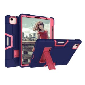 For iPad Air 2022 / 2020 10.9 Contrast Color Robot Shockproof Silicon + PC Protective Case with Holder & Pen Slot(Navy Blue + Rose Red) (OEM)