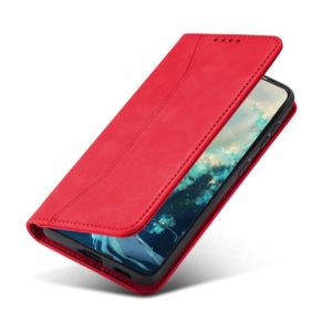 For Samsung Galaxy A12 5G Skin-feel Calfskin Texture Magnetic Dual-Fold Horizontal Flip Leather Case with Holder & Card Slots & Wallet(Red) (OEM)