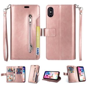 For iPhone X / XS Multifunctional Zipper Horizontal Flip Leather Case with Holder & Wallet & 9 Card Slots & Lanyard(Rose Gold) (OEM)