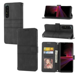 For Sony Xperia 1 IV Embossed Striped Magnetic Buckle Horizontal Flip Phone Leather Case(Black) (OEM)