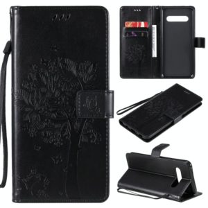 For LG V60 ThinQ 5G Tree & Cat Embossed Pattern Horizontal Flip Leather Case with Holder & Card Slots & Wallet & Lanyard(Black) (OEM)